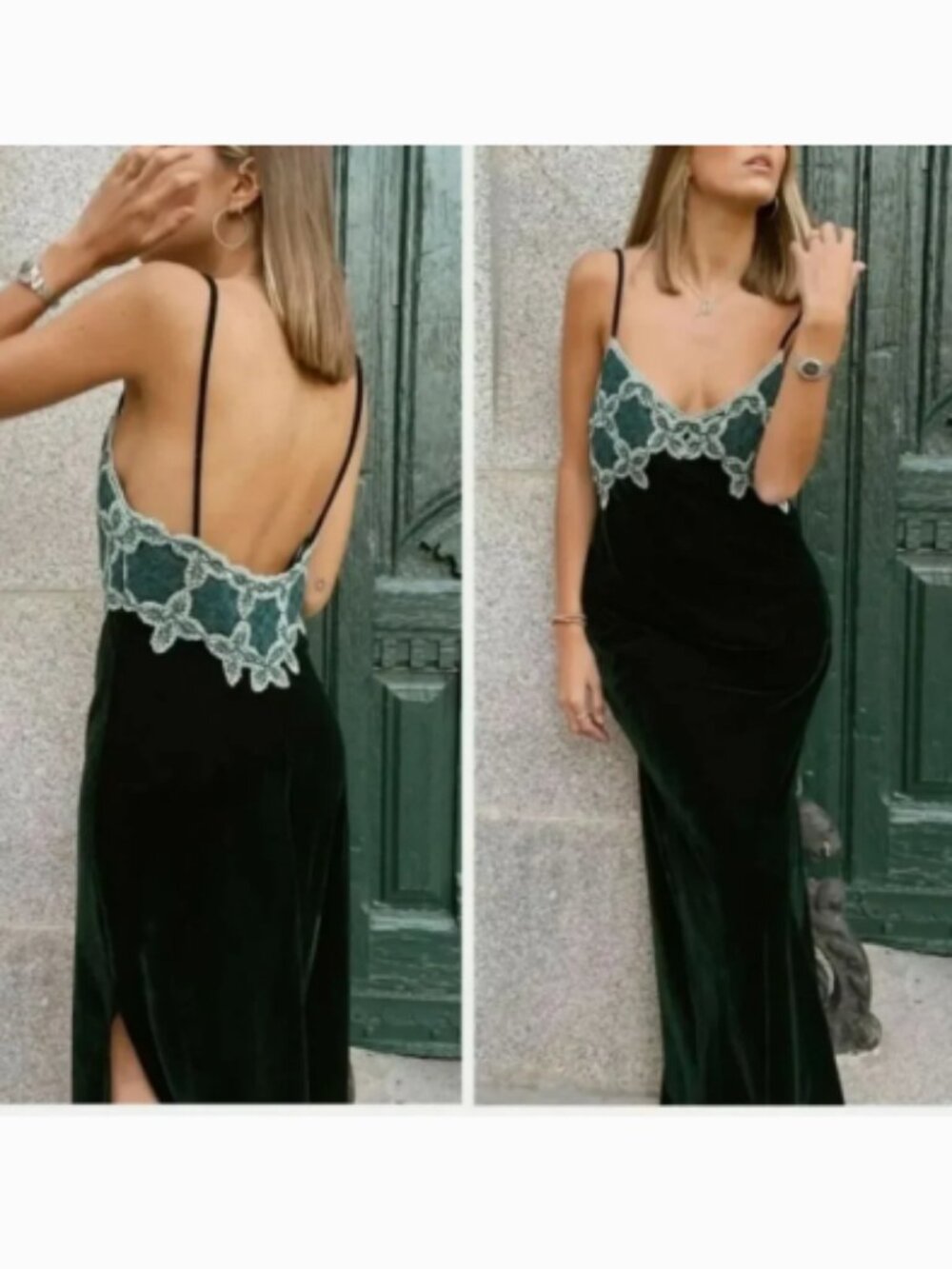 Zara EUC Size XL Womens Long Green Velvet Slip Dress Teal Crochet Applique Midi